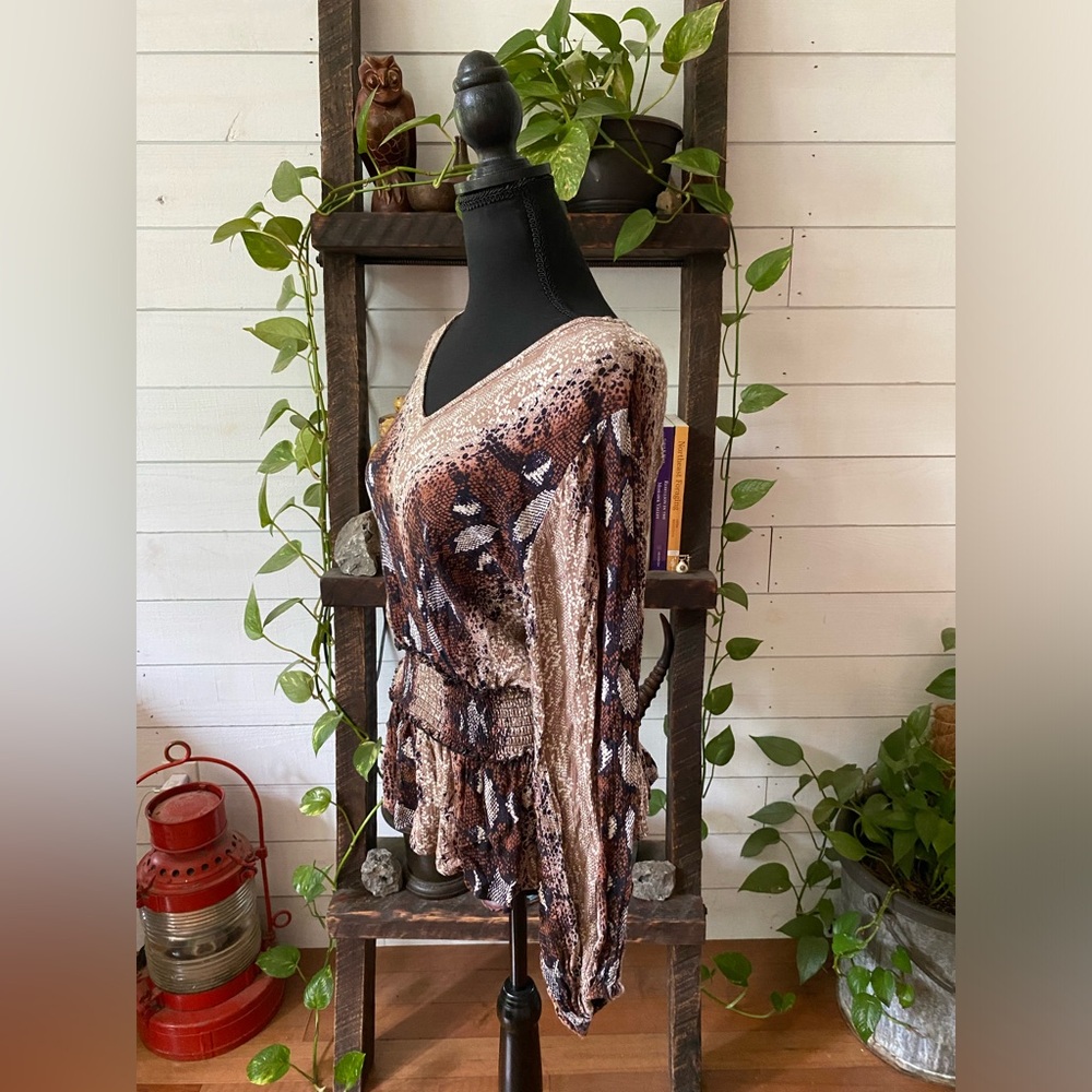 Angie: Brown, Black, Tan and White 100% Rayon Boho Snakeskin Blouse - Picture 16 of 17